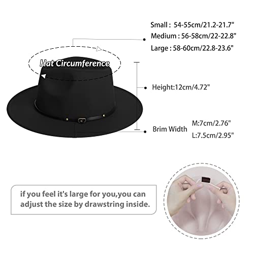 jingsha Fedora Hats for Men & Women Wide Brim Fedora Felt Panama Hat Men's Dress Hats with Belt Buckle - color: Black-white(inside), size: Medium