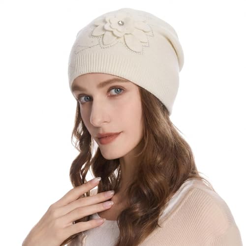 ZLYC Women Floral Slouchy Beanie Hat Double Layer Winter Knit Skull Cap - color: Flower White