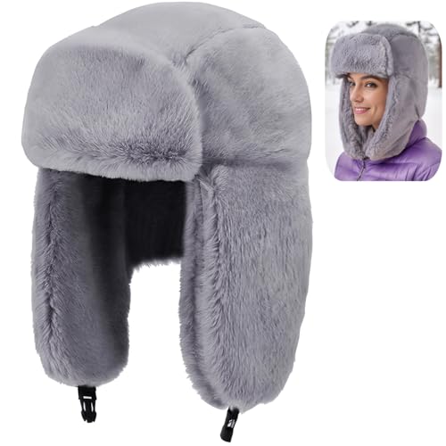 Cozy Plush Winter Hats Men Women Trapper Trooper Hat with Earflaps Windproof Russian Ushanka Hats Outdoor Skiing Cap - color: Gray