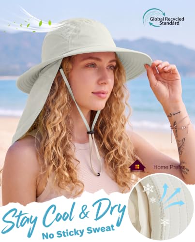 Home Prefer UPF 50+ Sun Hat with Neck Flap Wide Brim Fishing Hat for Men - color: Ivory