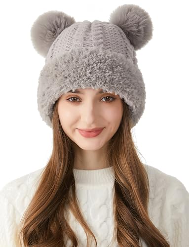 FEOYA Womens Knit Winter Beanie Hat with Faux Fur Pompom Fuzzy Cute Knit Fleece Lined Skull Cap - color: Grey