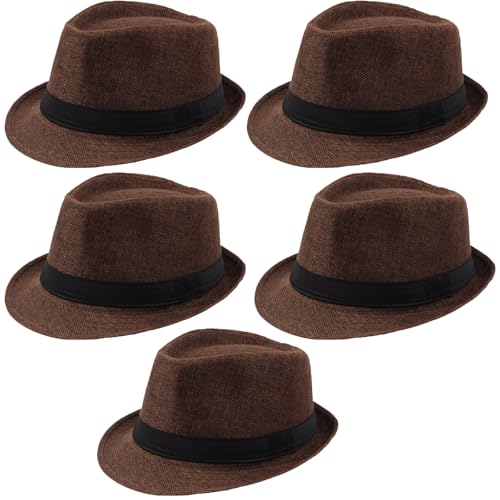 Ultrafun 5 Pack Short Brim Fedora Classic Summer Beach Sun Hat Panama Cap for Men Women - color: 5pack-brown, size: Large