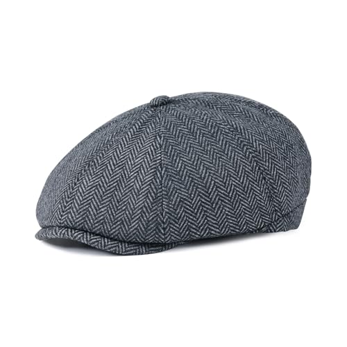 VOBOOM Men Wool Blend 8 Panel Newsboy Cap Tweed Hat - color: Herringbone Grey