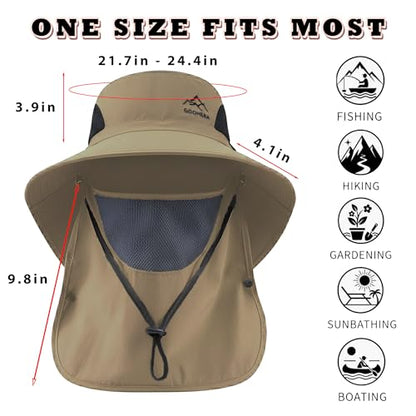 Sun Hat for Men & Women, Breathable Wide Brim Outdoor Fishing Hat with Face Cover & Neck Flap - color: Khaki