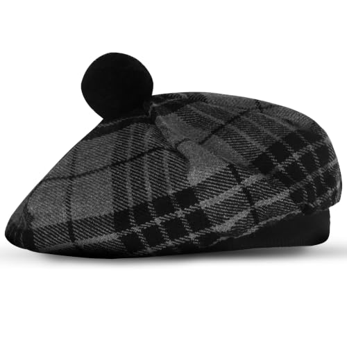 Scottish Tam O’ Shanter Hat Tartan Bonnet Pom Pom Wool Flat Cap One Size - color: Grey Watch Day 010tcp