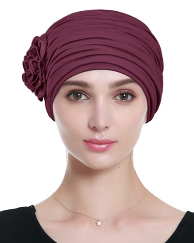 Alnorm Flower Design Chemo Hair Loss Caps Cancer Headwear for Women - color: Black Red