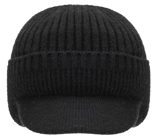 Men Warm Baseball Beanie Hat with Earflap Winter Visor Brim Knitted Caps Thicken Plush Lined Skull Ski Hat