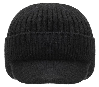 Men Warm Baseball Beanie Hat with Earflap Winter Visor Brim Knitted Caps Thicken Plush Lined Skull Ski Hat