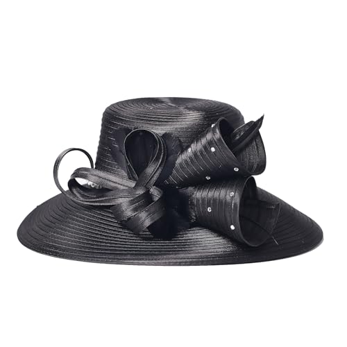 Women Derby Church Dress Wide Brim Hat, 1920s Vintage Feather Rhinestone Tea Party Wedding Cloche Bowler Hat - color: Black
