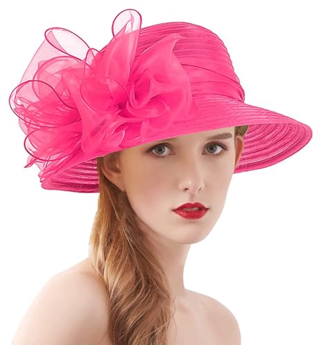 Women's Kentucky Derby Church Dress Hat Wide Brim Leaf Flower Bridal Shower Hat - color: 01 Rose