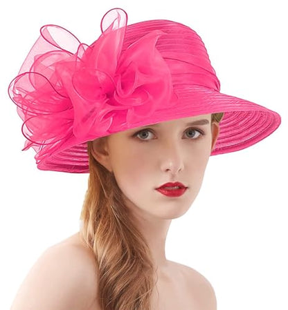 Women's Kentucky Derby Church Dress Hat Wide Brim Leaf Flower Bridal Shower Hat - color: 01 Rose