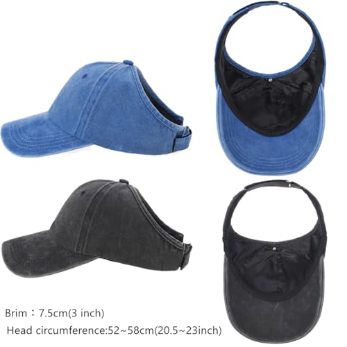 2 Pack Backless Cap for Women Natural Curly Hair Hat Baseball Cap Afro Puff Ponytail Hat - color: Black+blue