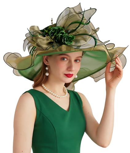 ORIDOOR Women Hats Headband Hairpin Organza Fascinator Church Hat Floral Tea Party Wedding Hat - color: 005 Olive-green