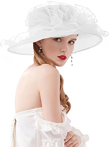 Women's Kentucky Derby Church Dress Hat Wide Brim Leaf Flower Bridal Shower Hat - color: G3 White