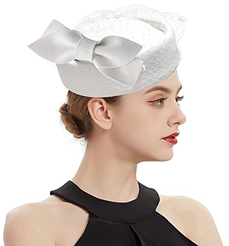 ORIDOOR Women's British Style Pillbox Church Derby Wedding Winter Vintage Fascinator Beret 100% Wool Felt Veil Hat - color: 04a-white