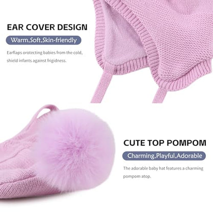JANGANNSA Basic Winter Baby Boy Beanie Pompom Knit Girl Hat Kid Earflap Cap - color: Magenta Hat, size: 0-6 Months