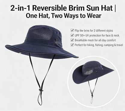 Sun Bucket Hat for Men Women Wide Brim UPF 50+ UV Protection Waterproof - color: Navy Blue