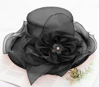 Organza Fascinator Hat - Women’s Wide Brim Church Bridal Tea Party Wedding Hat - color: 02a-black