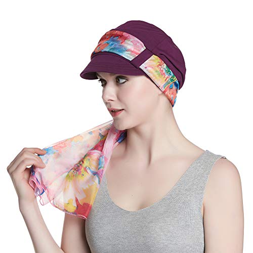 Alnorm Breathable Cotton Hat and Scarf Set Chemo Headwear for Women - color: Purple Floral
