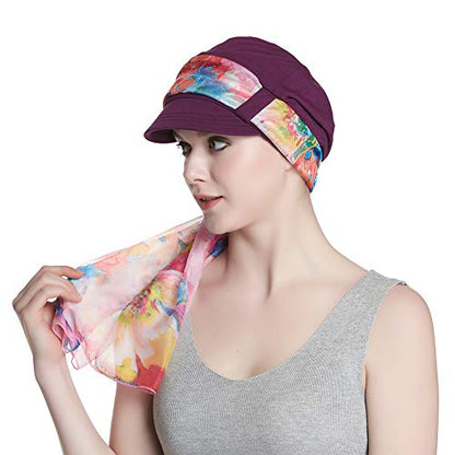 Alnorm Breathable Cotton Hat and Scarf Set Chemo Headwear for Women - color: Purple Floral