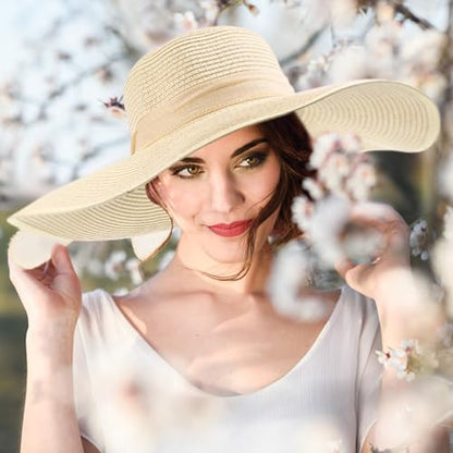 12 PCS Women's Wide Brim Straw Hats Floppy Sun Hat - color: Beige, style: Floppy