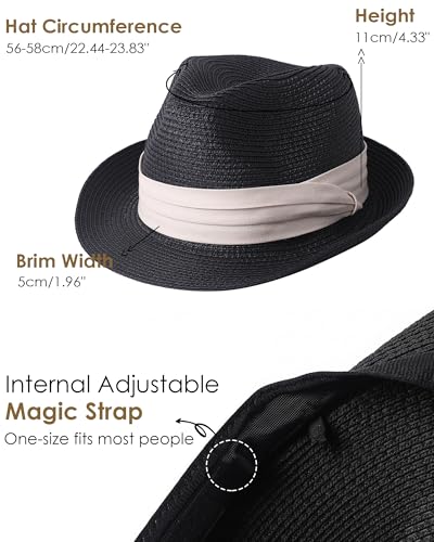 Straw Sun Hat for Men Women Short Brim Beach Trilby Hat UPF 50+ - color: Black