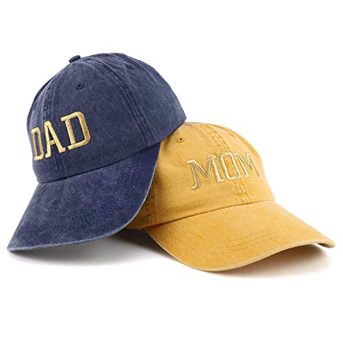 Trendy Apparel Shop Capital Gold Thread Mom and Dad Pigment Dyed 2 Pc Cap Set - color: Mango Navy