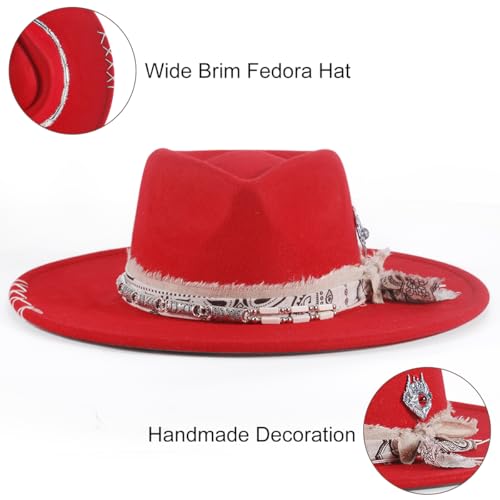 Big Brim Fedora Mens Women Boho Hat Handmade Dress Up Hats - color: Red