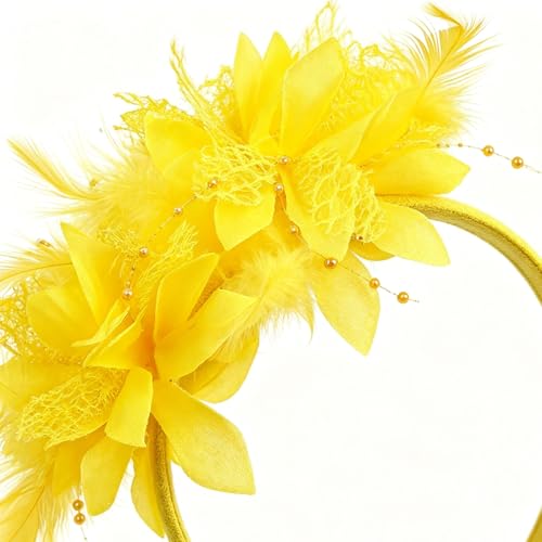 Yellow Flower Headband, Floral Feather Hairband with Pearl Design Party Headband for Women Wedding Headpiece Fascinator Party Hair Accessories Carnival Hair Hoop - color: Yellow