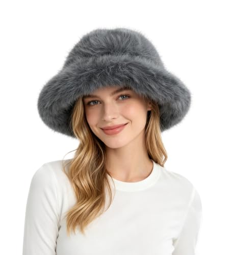 Lina & Lily Oversized Winter Faux Fur Bucket Hat for Women - Long Pile Fur Wide Moldable Brim - color: Dark Gray