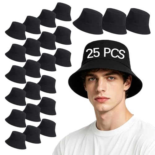 Bucket Hats Bulk Solid Color DIY Blank Hat Bucket Hats for Men, Women and Adults - color: 25 Pcs Black