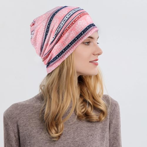 XYIYI Womens Chemo Headwear Hats Cotton Slouchy Beanie Cap Scarf - color: 2pcs Stripe Flower Navy Pink