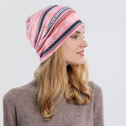 XYIYI Womens Chemo Headwear Hats Cotton Slouchy Beanie Cap Scarf - color: 2pcs Stripe Flower Navy Pink