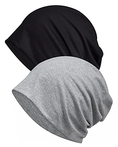 Cotton Slouchy Beanie Hip-Hop Soft Lightweight Running Beanie Adult Dwarf Hats Chemo Cap for Men Women - color: Closetop-thin-2pk-blk/Lgy