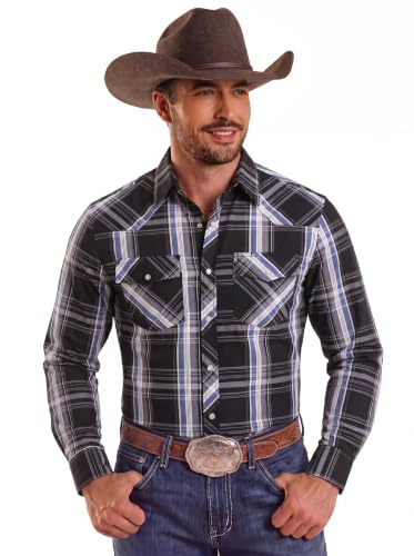 COOFANDY Men's Western Cowboy Shirts Casual Button Down Shirt Long Sleeve - color: Dark Blue Plaid, size: Large