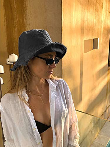 Bucket Hats for Women Wide Brim Summer Travel Packable Cotton Bucket Beach Sun Hat UPF 50+ - color: Black