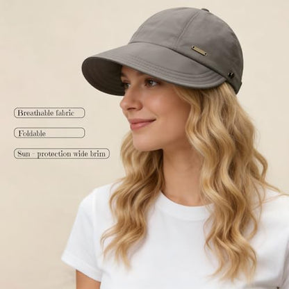 UPF 50+Womens Sun Hat UV Protection Hiking Fishing Hats Wide Brim Hat Adjustable Ponytail Packable Sun Cap - color: Gray
