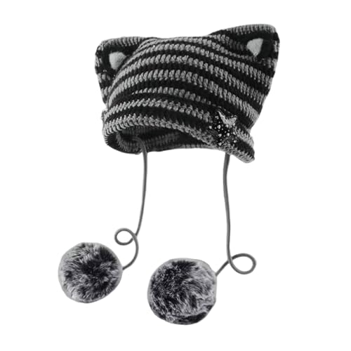 Women Kawaii Cat Ear Beanie Hat with Star Pom Poms Y2K Cute Crochet Goth Grunge Emo Alt Accessories Knit Slouchy Hat - color: Black Grey