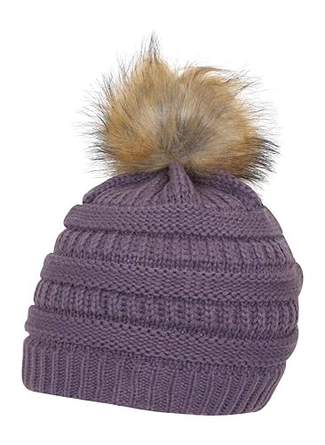 Gravity Threads Cable Knit Faux Fur Pom Pom Beanie Hat - color: Violet