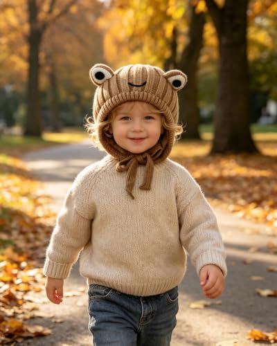 AMPOSSTO Baby Knitted Earflap Beanie Hat Cute Frog Winter Warm Ear Protection Skull Caps with Big Eyes for Boys Girls - color: Brown