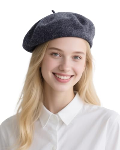 French Beret Hats for Women - Wool Solid Color Beanie Cap - color: Black Ash