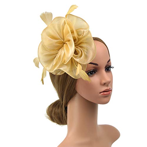 AQOKKA Women Fascinators Hats Flower Fascinators with Headband and Clip Tea Party Headwear for Women and Girls - color: 8.2" Diameter / Gold a