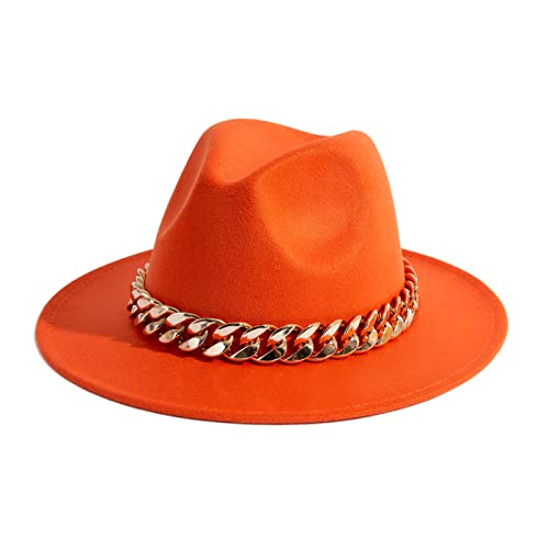Men & Women Wide Brim Fedora Hat with Chain Buckle - color: Chain Belt-orange