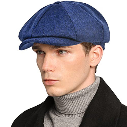 Mens Newsboy Cap High Woolen Tweed Gatsby Hat Ivy Cabbie Flat Golf Cap for Fathers Women Unisex - color: Blue, size: 7-7 1/8