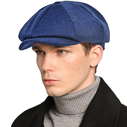 Mens Newsboy Cap High Woolen Tweed Gatsby Hat Ivy Cabbie Flat Golf Cap for Fathers Women Unisex - color: Blue, size: 7-7 1/8