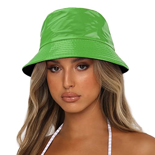 Reversible PU Leather Bucket Hats for Women Solid Color Double Wear Summer Hat Unisex - color: Green