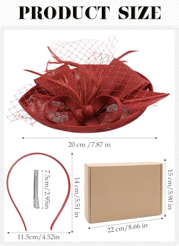 Zinniday Fascinator Tea Party Hat - 2026 Derby Pillbox Kentucky Hat for Women (7.87x5.9inch) - color: Red