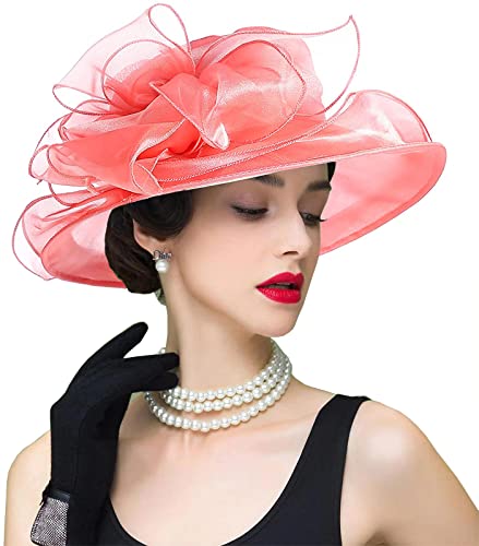 ORIDOOR Women's Organza Cloche Bowler Hat Derby Fascinator for Tea Party Bridal Wedding Hat - color: 011c1-pink Red