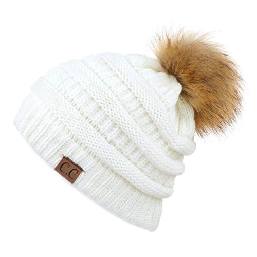 C.C Fur Pom Winter Fall Trendy Chunky Stretchy Cable Knit Beanie Hat - color: Solid Ivory