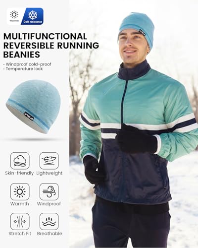 WRELS Reversible Winter Running Hat Soft Stretch Thermal Cycling Skull Cap for Women Men Double Sided Sports Hat - color: A Reversible Hat (Blue/Grey)